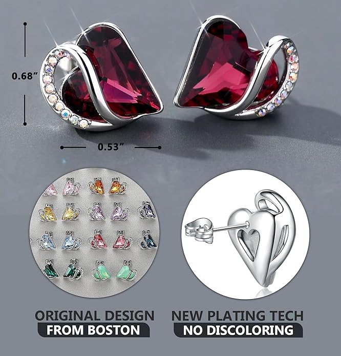 Leafael Infinity love Heart Birthstone Stud Earrings for Women, Valentine's Day Gifts for Mom, Wife, and Her, Silver Plated Birthday Jewelry