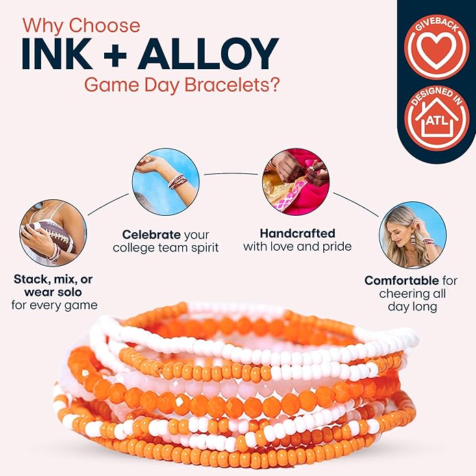 INK + ALLOY Game Day Bracelet Stacks, Beaded Bracelets for Football Gameday Outfits, Handmade Jewelry for College Students, Teachers, Football Moms, Set of 10
