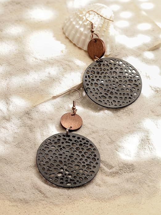 MINACHI Bohemian Hollow Cut-Out Wood Leather Dangle Drop Earrings, Boho Chic Hippie Statement Jewelry Gift for Women