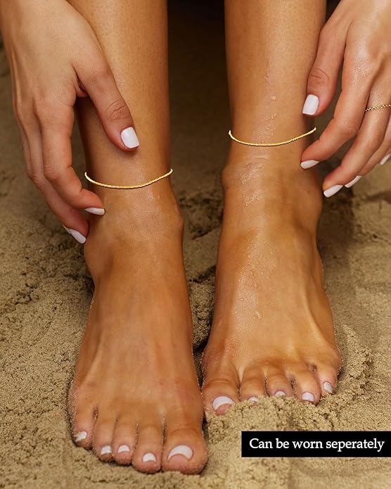 FUNEIA Gold Silver Ankle Bracelets for Women Waterproof 14K Gold Plated Anklets for Women Non Tarnish Dainty Layered Beaded Heart Anklet Set Summer Beach Foot Chain Jewelry Gifts Trendy Stuff