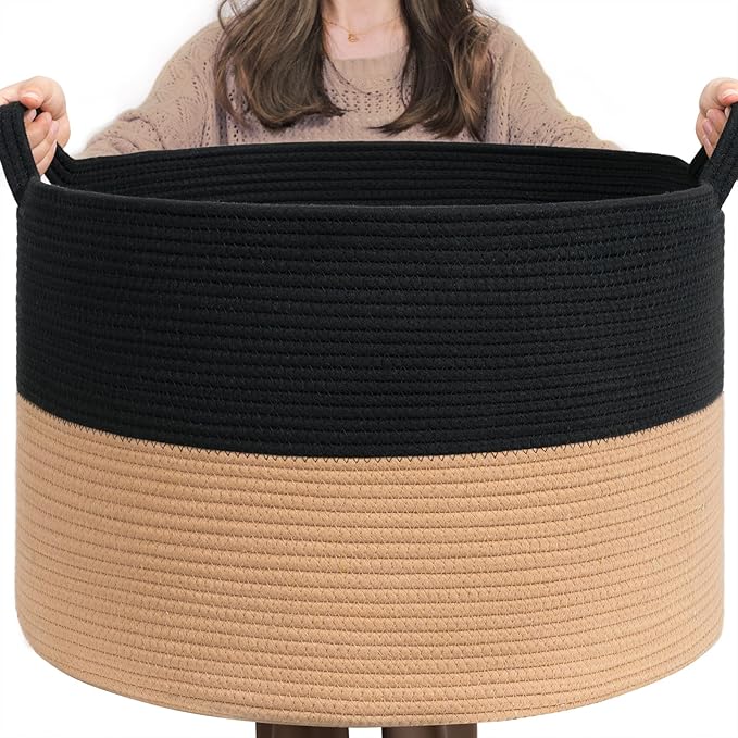 INDRESSME XXXLarge Woven Rope Blanket Basket Living Room Black Camel, 90L | by INDRESSME