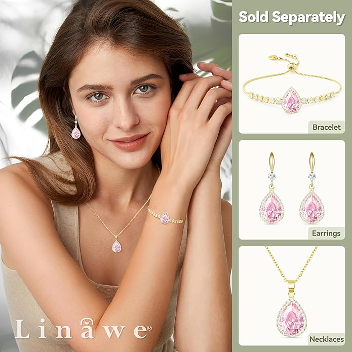 Linawe Crystal Chain Necklace for Women Trendy, Imitation Diamond Pendant, Statement Cubic Zirconia Boho Jewelry Set, 14K Gold/Rose Gold/Silver Birthstone Necklace