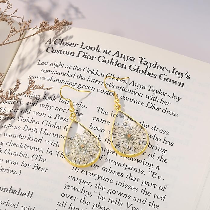 Forget-Me-Not and Queen Anne's Lace Pressed Wildflower Earrings | Pressed Flower Earrings | Handmade Drop and Dangle Earrings | Gift for Woman