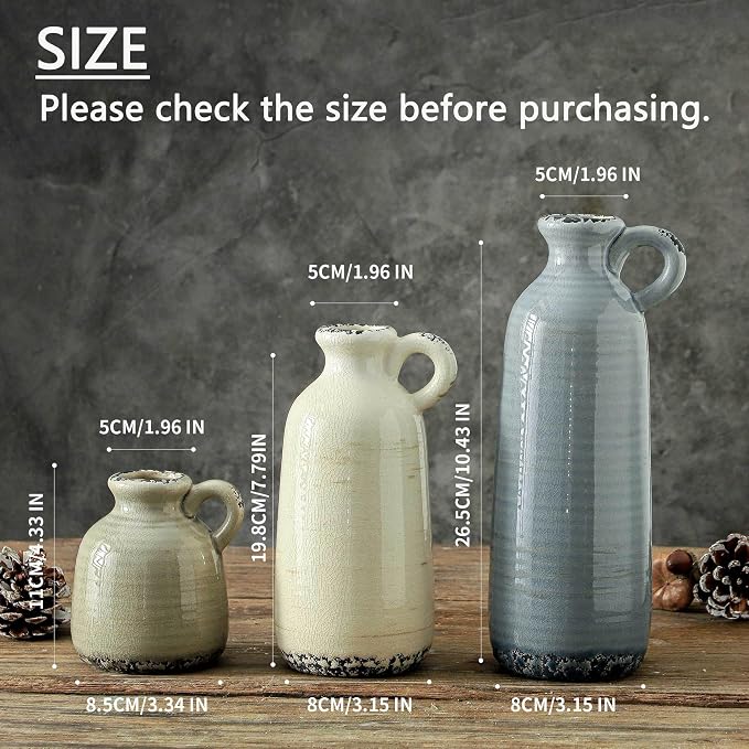 Ceramic Vases Set of 3, Neutral Rustic Farmhouse Vase - Image 2