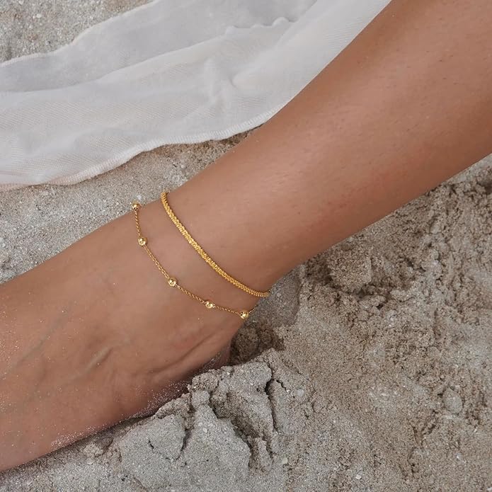 Ankle Bracelets for Women, Glitter Waterproof Adjustable Anklet for Women, 14K Gold Plated/Sterling Silver Layered Anklets, Summer Beach Anklet Jewelry for Women Gift