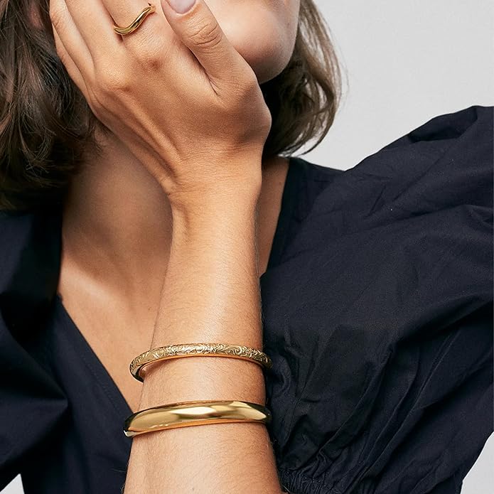 Hey Harper Gold Cuff Bracelet - Bangle Trendy Chunky Non Tarnish Gold Cute Stackable Waterproof Bracelet - Gift for Women - Simple Minimalist Unique Statement Jewelry