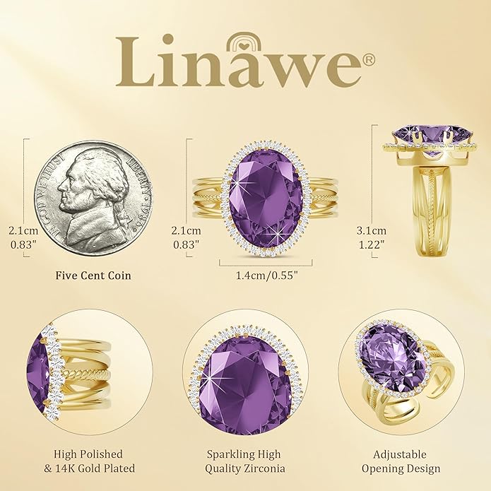 Linawe Birthstone Chunky Adjustable Rings for Women, Gold/Silver/Rose Gold Statement Rings, Imitation Diamond Fake Gemstone Crystal Cocktail Ring, Cubic Zirconia Costume Jewelry