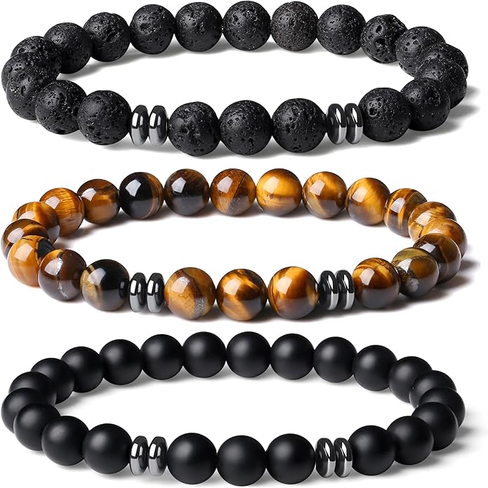 XIANNVXI Natural Stone Beads Bracelet for Men Crystal Bracelets 8MM Tiger Eye Lava Rock Obsidian Beaded Bracelet Set Black/Red/Blue Crystal Beaded Bracelets for Men