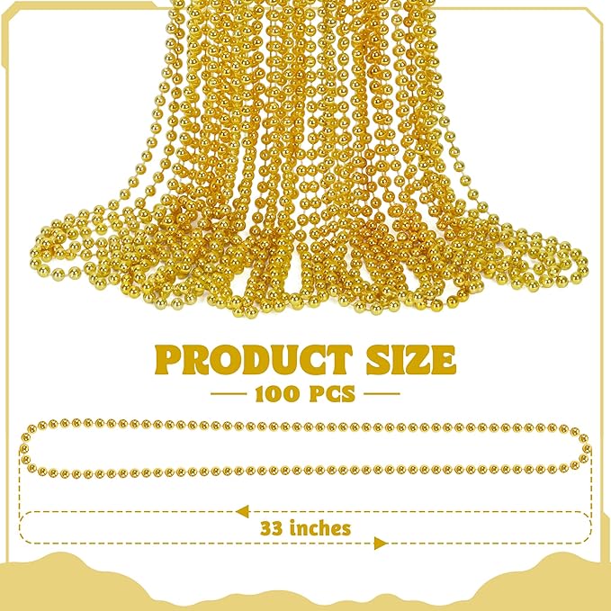 100 PCS Mardi Gras Beads, 33" Gold Beads Necklaces, St Patricks Day Beads Necklaces Bulk, Round Beaded Parade Throw Accessories Set, Gold Beads for Carnival Party Supplies