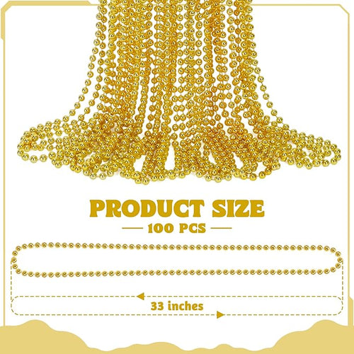 100 PCS Mardi Gras Beads, 33" Gold Beads Necklaces, St Patricks Day Beads Necklaces Bulk, Round Beaded Parade Throw Accessories Set, Gold Beads for Carnival Party Supplies