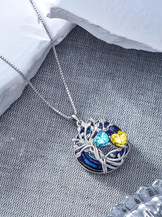 TOUPOP s925 Sterling Silver Family Celtic Tree of Life Pendant Necklaces with 2 Heart Birthstone with Blue Austrian Crystal Jewelry Birthday Valentines Day Gifts for Her, Anniversary Christmas Gifts for Wife Girlfriend Mom (18K Real White Gold Filled)