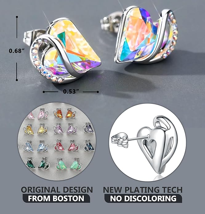 Leafael Infinity love Heart Birthstone Stud Earrings for Women, Valentine's Day Gifts for Mom, Wife, and Her, Silver Plated Birthday Jewelry
