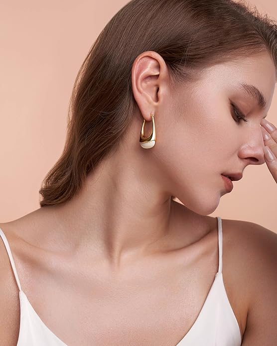 Long Oval Chunky Dangle 18K gold plated Hoops with Colored Resin Gemstone Statement Earrings for Women by SNGIA, (Green, Brown, Blue, Pink, White, Cream), Bold Drop Handmade Exaggerated Irregular Trendy Bohemian Jewelry Gifts, Unique Dangling Teardrop ...