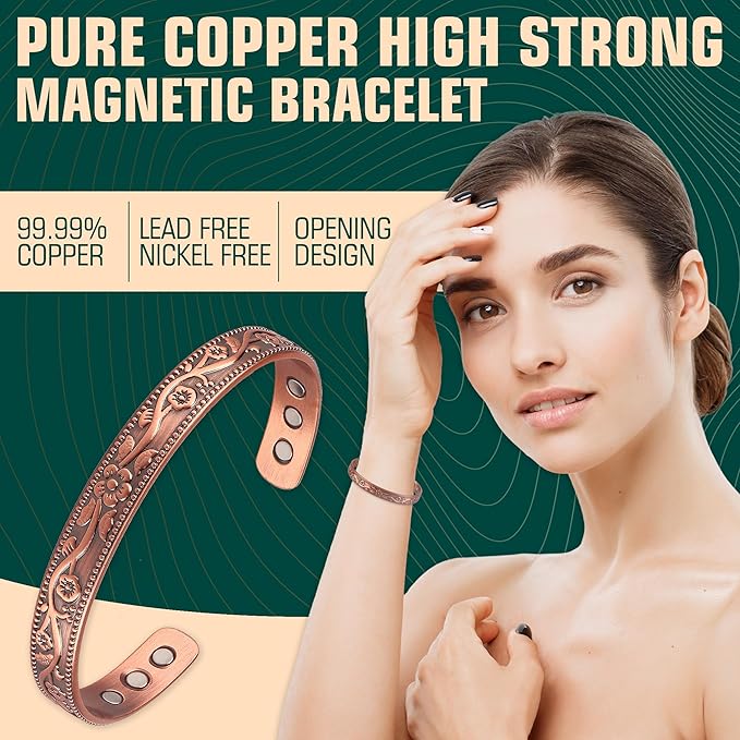 Vintage Flower Copper Bracelet and Ring,99.9% Pure Copper 3500 Gauss Strong Magnets