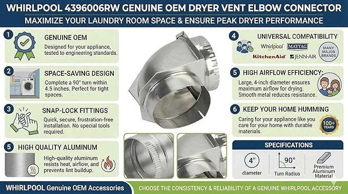 Whirlpool 4396006RW Genuine OEM Dryer Vent Elbow Connector, 90-Degree Close-Turn - Image 3