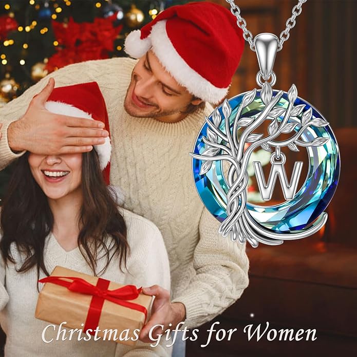 TOUPOP Gifts for Women Tree of Life Necklace 925 Sterling Silver Initial Pendant Family Tree Crystal Jewelry Valentine's Day Birthday Gifts for Her Mom Wife Girlfriend Daughter