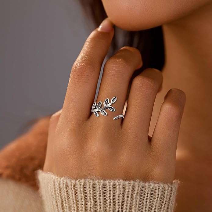 BALMORA Real 925 Sterling Silver Vintage Leaf Rings for Women Men Retro Lotus Feather Flower Adjustable Open Ring Floral Leaves Finger Statement Promise Ring Fashion Jewelry Birthday Gifts for Mom Daughter