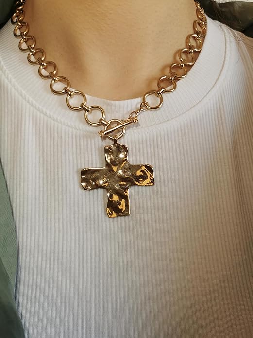 MQV Chunky Statement Gold Hammered Bold Cross Necklace Thick Chain Vintage Chain Pendant Jewelry