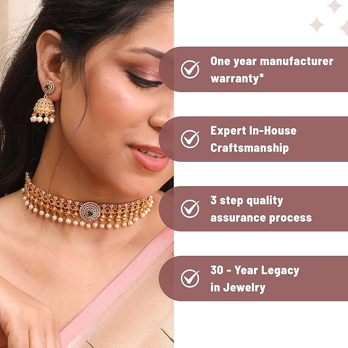 TARINIKA Brass Indian Choker Necklace Set - Gold Plated Cubic Zirconia Indian Jewelry Sets for Women Dangle, Drop, Jhumka Earrings Traditional Desi Necklace Pearls Gift for her