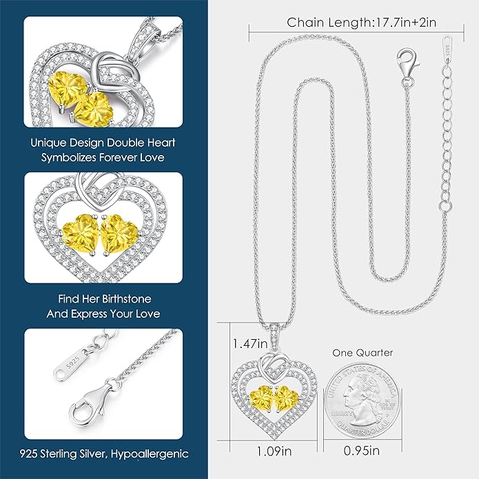 LOUISA SECRET Sparkling Double Heart Birthstone Necklaces for Women, 925 Sterling Silver Fine Jewelry, Pendant Heart Necklaces Birthday Anniversary Christmas Gift for Women Wife Mom Girlfriend Lady