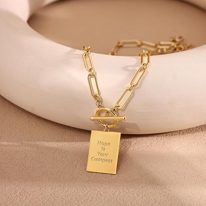 14K Gold Plated Initial Letter Necklace for Women, Personalized Alphabet Pendant with Inspirational Engraving, Paperclip Chain Non-Tarnish Jewelry Gift for Her