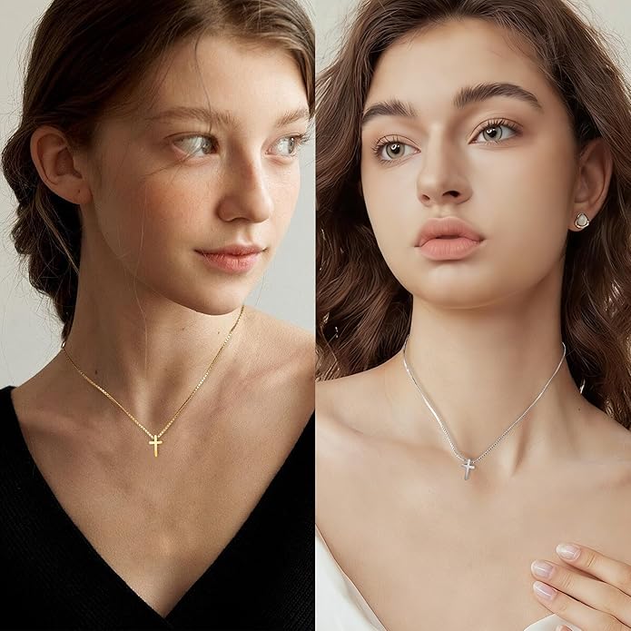 Crown Cross Necklace for Women, 14K Gold Silver Cubic Zirconia Crown Cross Necklace, Diamond Gold Silver Cross Necklaces, Dainty Cross Faith Simple Trendy Charm Jewelry Gift for Women