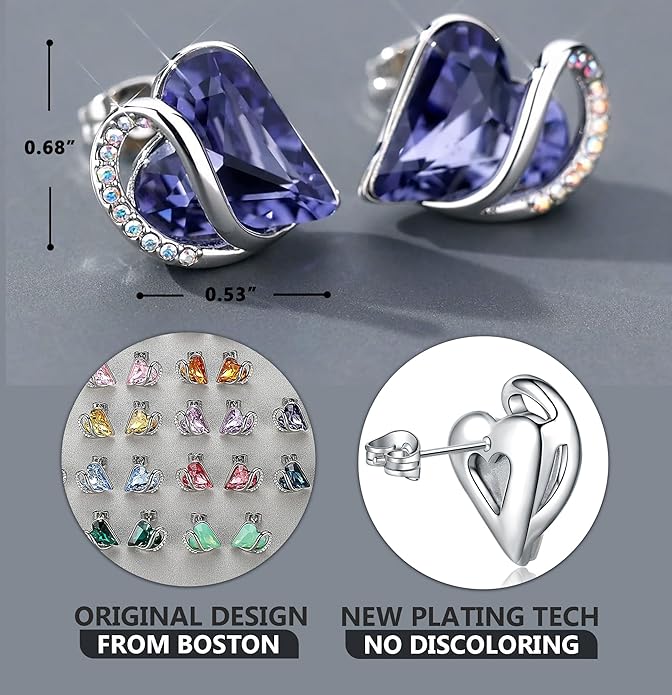 Leafael Infinity love Heart Birthstone Stud Earrings for Women, Valentine's Day Gifts for Mom, Wife, and Her, Silver Plated Birthday Jewelry