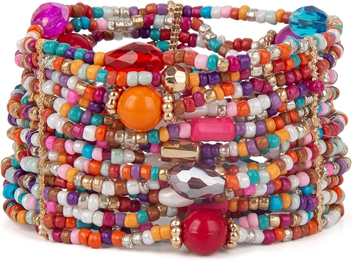 SPUNKYsoul Beaded Stretch Bracelet – Boho Multi-Row Look Bracelet, Vibrant Resort-Style Statement Jewelry