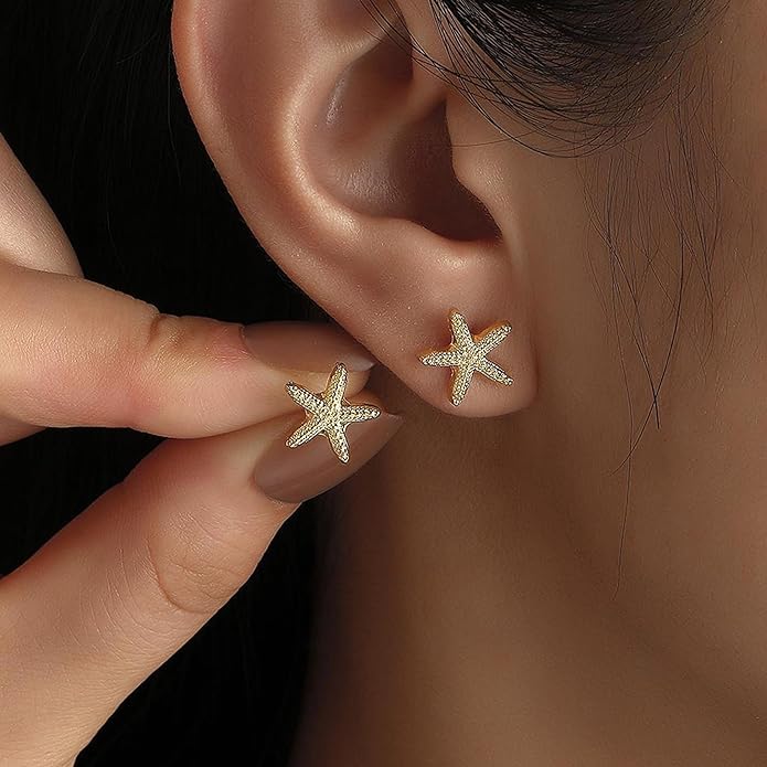Gold Starfish Earrings for Women Trendy Dainty Starfish Statement Stud Earrings Hypoallergenic Summer Beach Ocean Coastal Jewelry