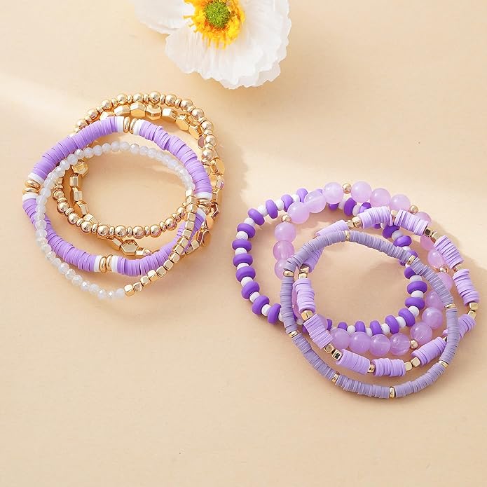 GOOJIDS Surfer Heishi Clay Bead Bracelets for Women Bohemian Stackable Gold Plated Beaded Stretch Bracelets Elastic Layering Friendship Bracelets Set Boho Jewelry