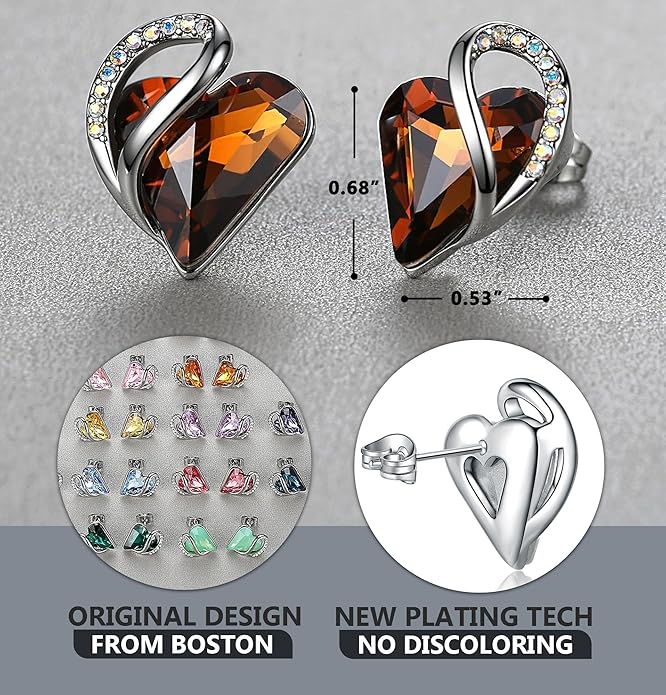 Leafael Infinity love Heart Birthstone Stud Earrings for Women, Valentine's Day Gifts for Mom, Wife, and Her, Silver Plated Birthday Jewelry