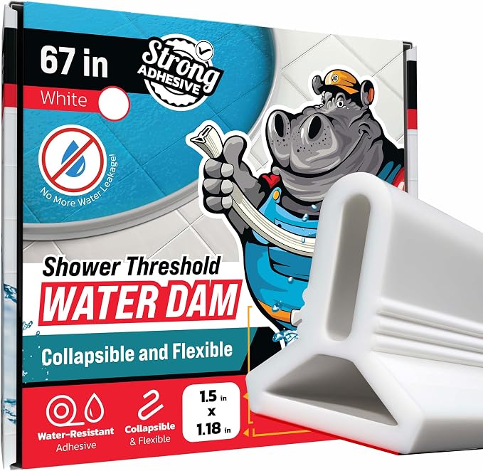 67" White Shower Threshold Water Dam Barrier, 1.5" Tall Water Stopper Strip | by ExploreHippoDam