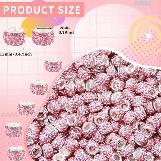 150Pcs Rhinestone Large Hole Beads Spacer Beads Pink European Craft Big Beads Large Hole Rhinestones Lampwork Murano Bead Fairy Wand Garden Beads for DIY Bracelet Necklace Jewelry Making Supplies