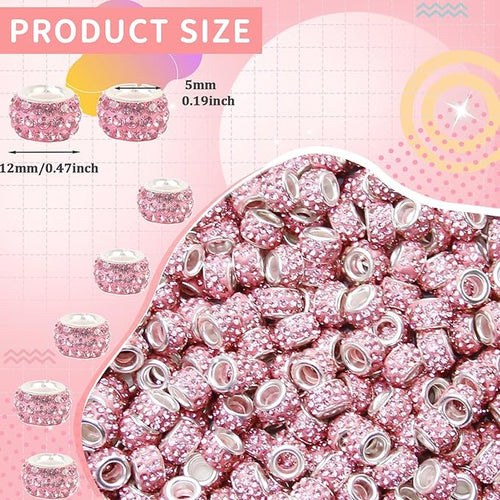 100Pcs Rhinestone Large Hole Beads Spacer Beads Pink European Craft Big Beads Large Hole Rhinestones Lampwork Murano Bead Fairy Wand Garden Beads for DIY Bracelet Necklace Jewelry Making Supplies