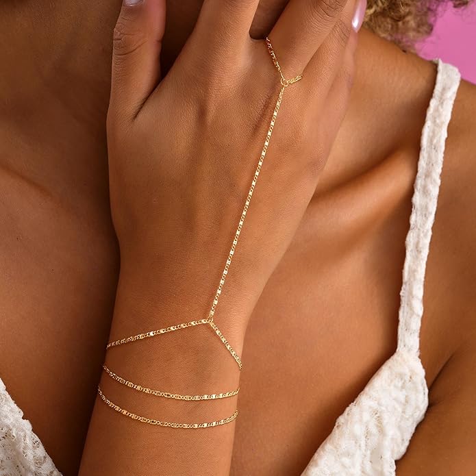 CHESKY 14K Gold Plated Hand Chain Bracelets for Women Set - Dainty Finger Ring Bracelet Stack Adjustable Hand Chains Durable Beaded Bracelets Trendy Simple Body Jewelry Gift for Women