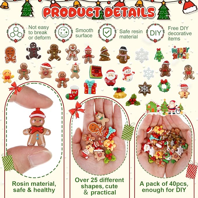 Giegxin 40 Pcs Christmas Resin Charm Kawaii Gingerbread Snowman Santa Xmas Tree Flat Back Cabochon Accessories Cute Embellishments Bulk for Christmas Decoration Jewelry Cellphone Case Scrapbooking DIY