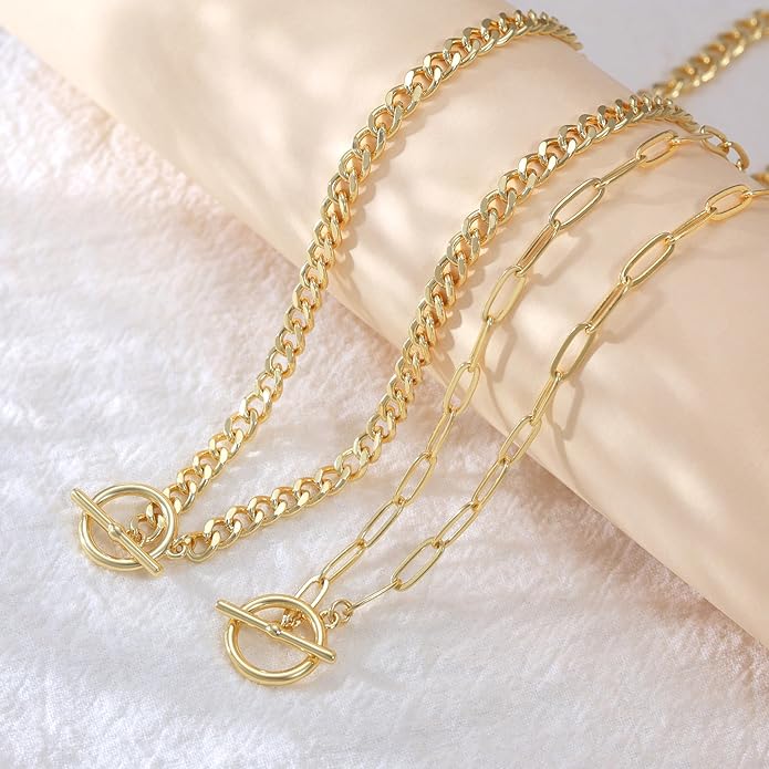 CHESKY Layered Necklaces for Women, 14K Gold Plated Chain Necklace Women Trendy Cuban Link Paperclip Chain Toggle Clasp Necklace Fashion Chunky Jewelry for Women