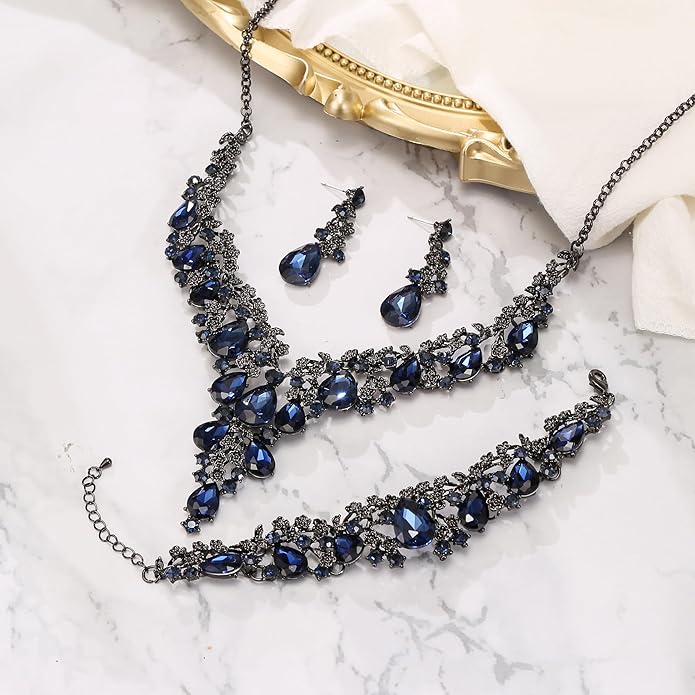BriLove Women's Wedding Bridal Austrian Crystal Teardrop Flower Cluster Statement Necklace Dangle Earrings Jewelry Set for Party Prom