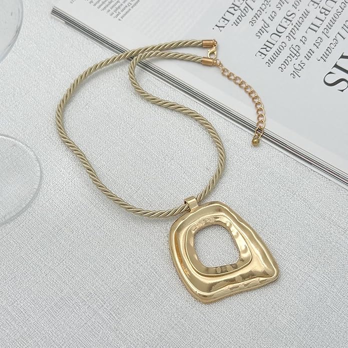 PLOUTOS Statement Modern Geometric Hollow Square Pendant Rope Chain Necklace for Women Bold Fashion Layering Collarbone Jewelry Party Wear Accessory