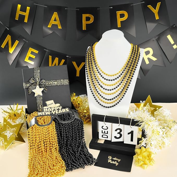 YAXINRUI 144 PCS Gold Black New Year Necklaces, New Year Bead Party Favors, Happy New Year Necklace, 33‘’ Gold Black Beaded Necklaces for 2026 New Years Eve Christmas Halloween Festive Events