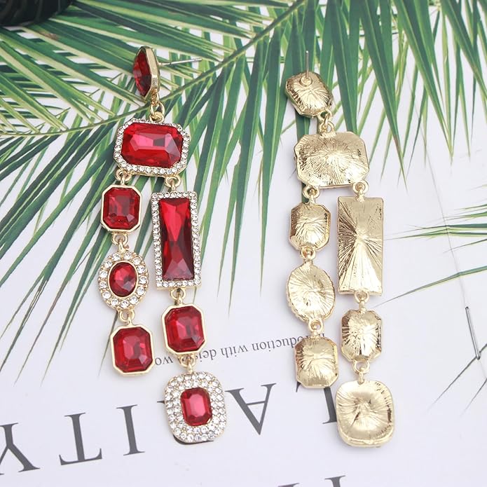 Vintage Rectangle Teardrop Chandelier Earrings, Art Deco Wedding Austrian Crystal Drop Dangle Earrings for Women Party Prom
