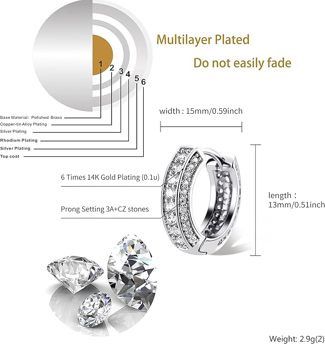 TOPGRILLZ Iced Out Hoop Earrings Cubic Zirconia Huggie Cartilage Cuff Hypoallergenic 14K Gold Plated Luxury Fashion Round Circle Earrings For Men Women