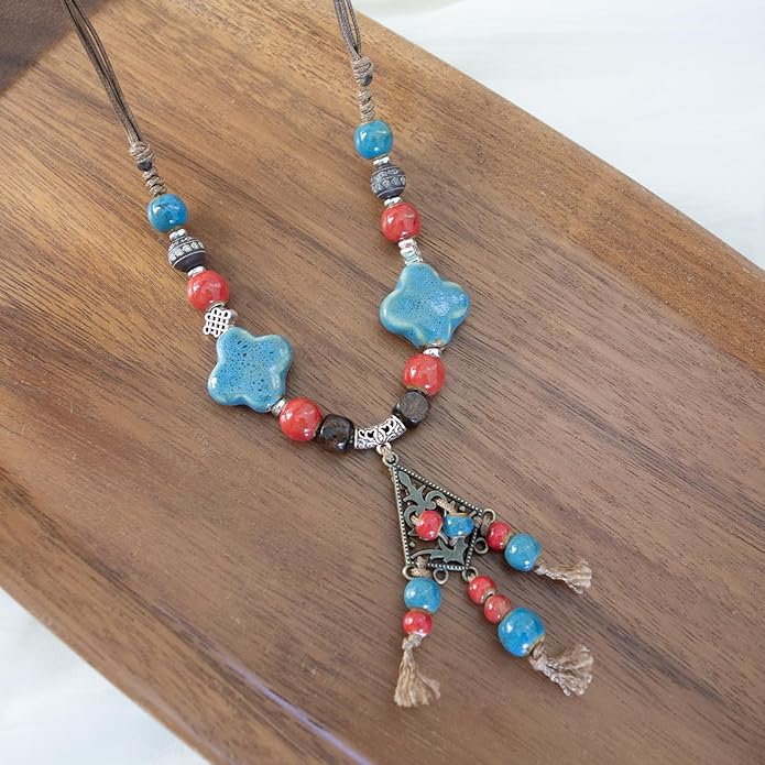 Boho Style Colorful Ceramic Bead Strand Necklace Adjustable Bohemian Jewelry Gift for Women, Fashion Clothing Matching Necklace