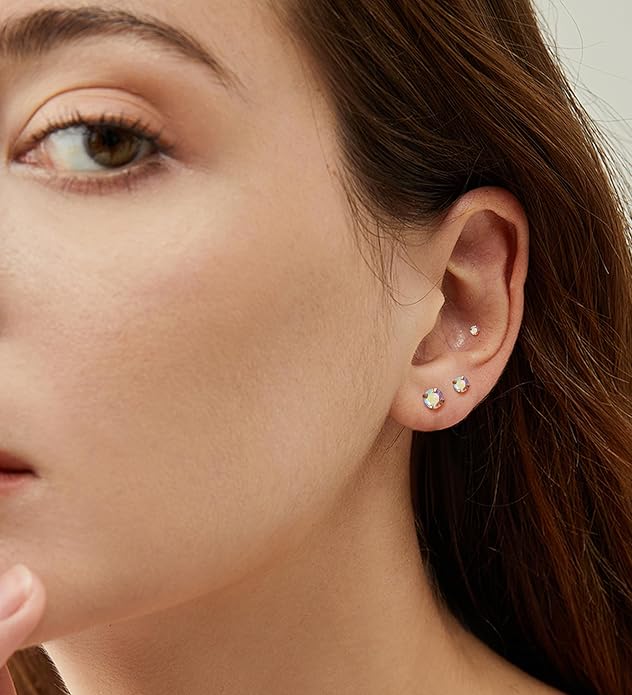 4Pairs AB Cubic Zirconia Earrings Studs Flat Back Earrings for Women 14K Gold CZ Flatback Stud Earrings Hypoallergenic Cartilage Nap Earrings