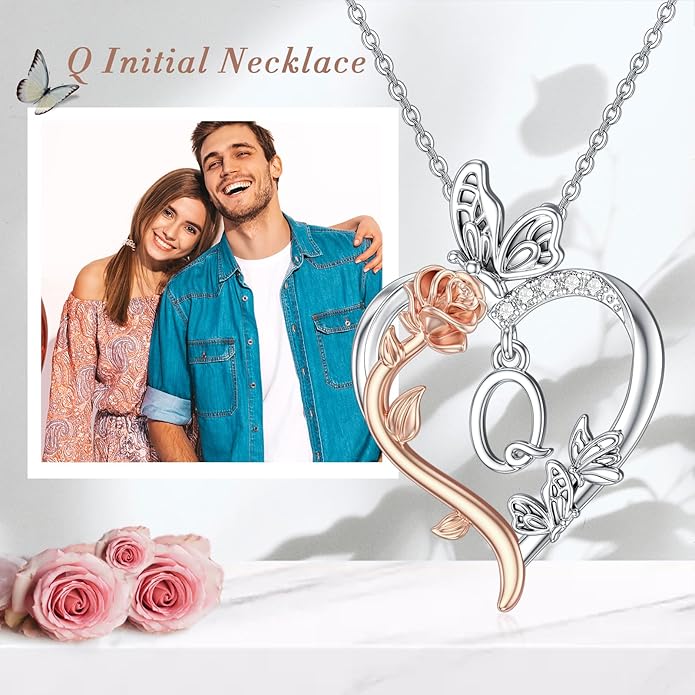 TOUPOP Rose Heart Necklaces Gifts for Women 925 Sterling Silver Butterfly Heart Initial Necklace Anniversary Valentines Day Birthday Jewelry Gifts for Mom Her Wife Girlfriend Daughter