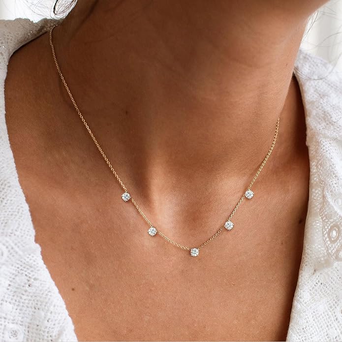 VRIUA Necklaces for Women - 14K Gold/Silver Plated Dainty Chain Necklace with Five Charms: Diamond, Bow, Snowflake, Cross, Flower, Clover, Butterfly, Heart, Star of David, and Star Trendy Jewelry