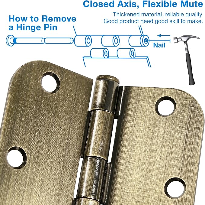 TDCHINGES Rounded Door Hinges 3.5" X 3 1/2 Inch Antique Brass 5/8" 12 Pack | - Image 4