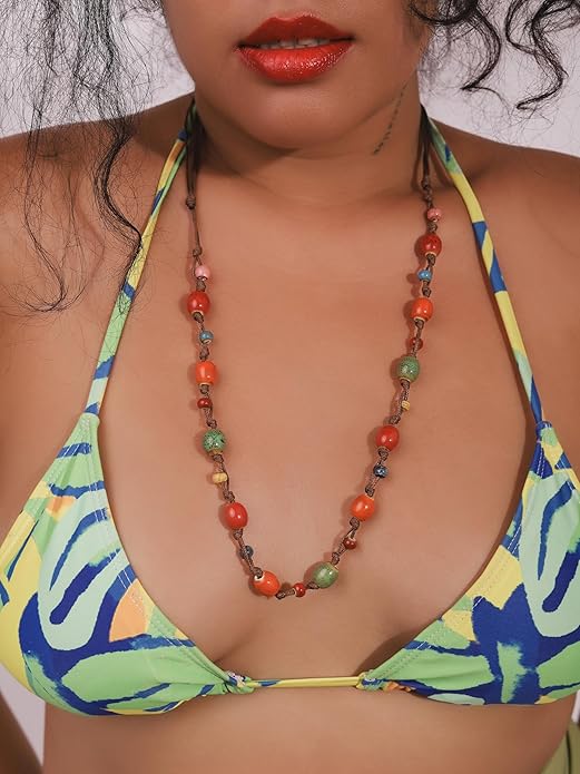 MINACHI Hippie Bohemian Colorful Ceramic Bead Long Strand Necklace, Boho Hippie Beach Summer Statement Jewelry Gift for Women