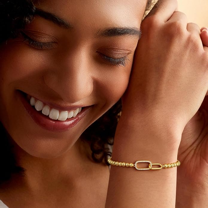Gold Bracelets for Women, Cute 14K Gold/Silver Plated Stretch Beaded Bracelets for Women Trendy Stackable Charm Bracelet Dainty Adjustable Waterproof Non Tarnish Jewelry Gifts for Her