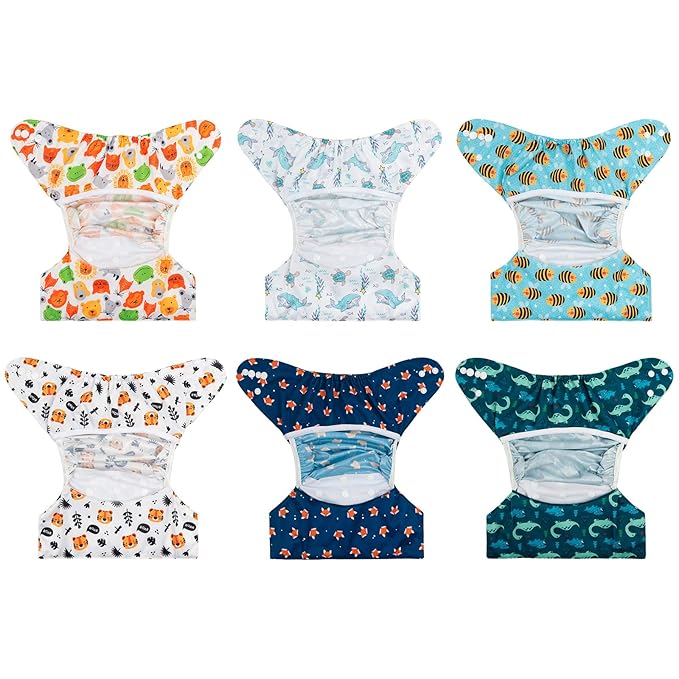 Babygoal Cloth Diaper Covers 6 Pack+Wet Bag for Fitted Diapers and Prefolds with Double Gussets, Adjustable and Reusable for Baby Boys 6DCF08